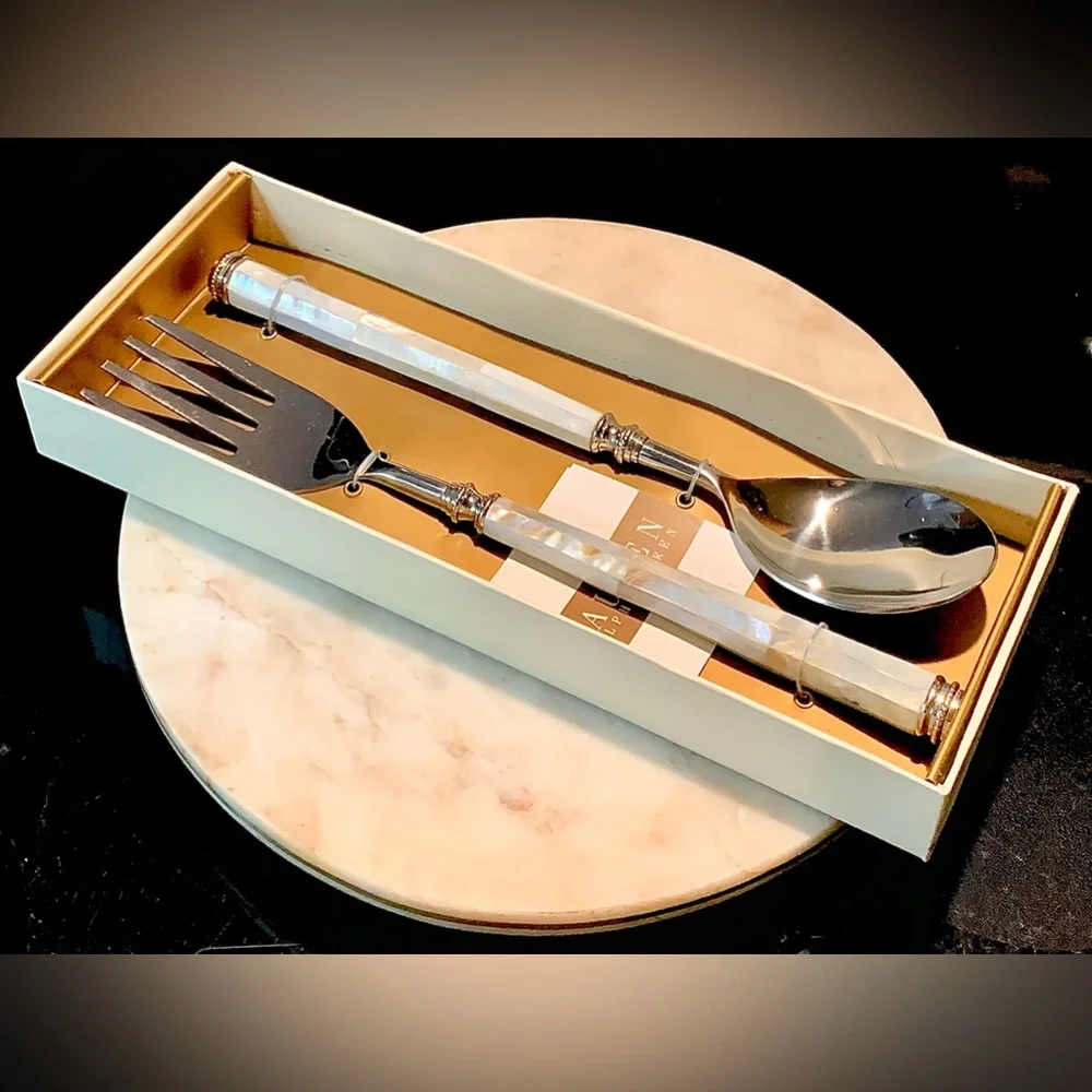 RALPH LAUREN PEARL SALAD SERVERS SET NEW STAINLESS STEEL FORK SPOON